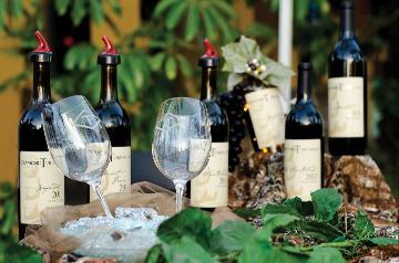 Empty wine glasses arrange next to bottles of red wine